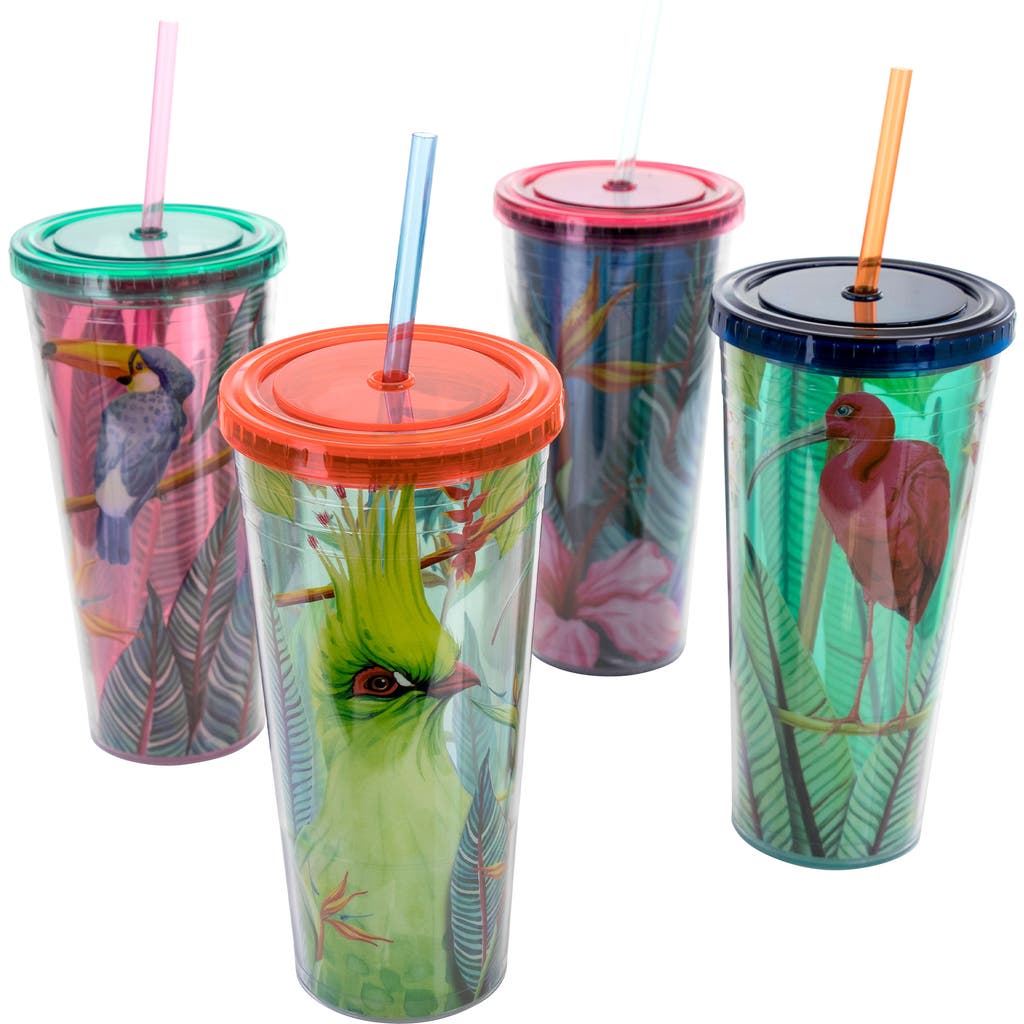 Gibson Home Tropical Bird 4 Piece 23.6 Ounce Double Wall Tumbler Set With Straw In Green
