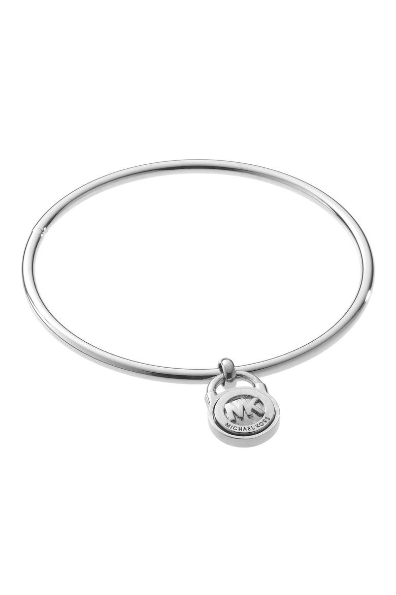 Michael Kors Small Logo Lock Bangle, Main, color, SILVER