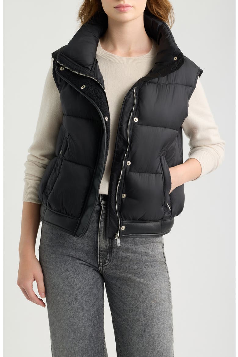Lisa Faux Leather Trim Puffer Vest, Main, color, BLACK