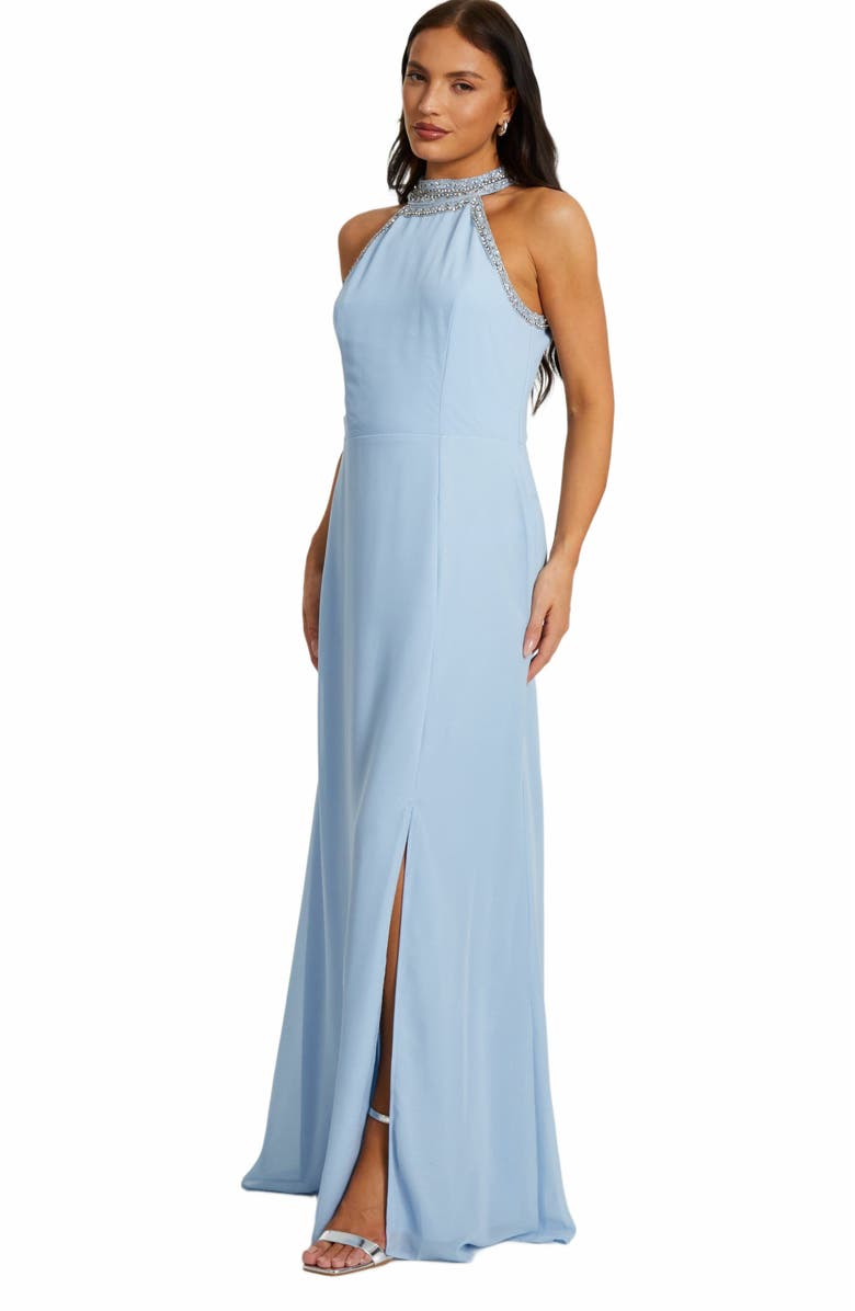 QUIZ Embellished Halter Neck Chiffon Maxi Dress, Alternate, color, Light Blue