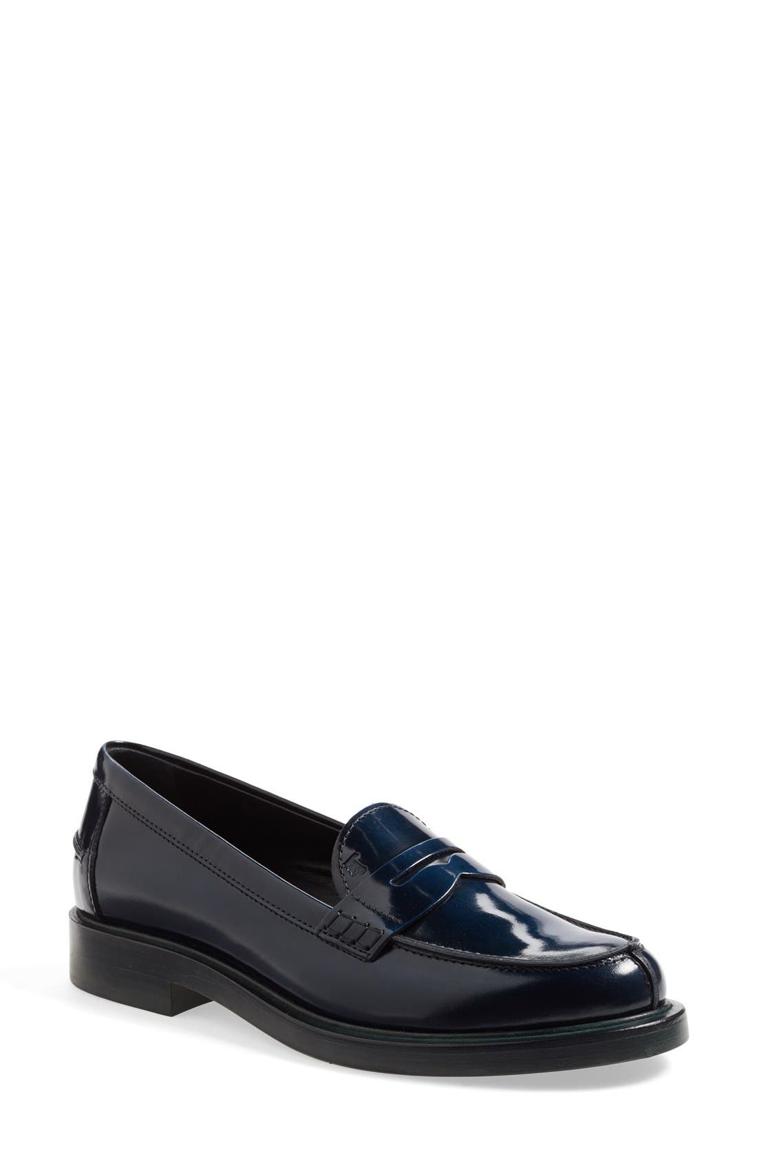 Leather Penny Loafer, Main, color, NAVY/ GREEN