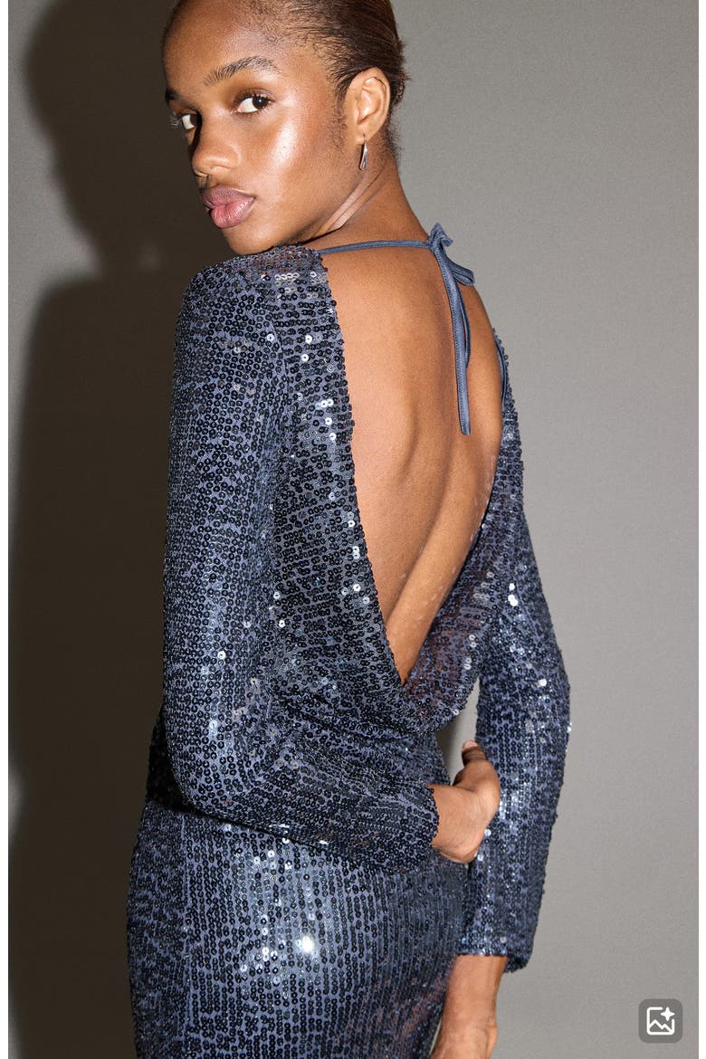 Sequin Cowl Back Long Sleeve Dress, Alternate, color, NAVY