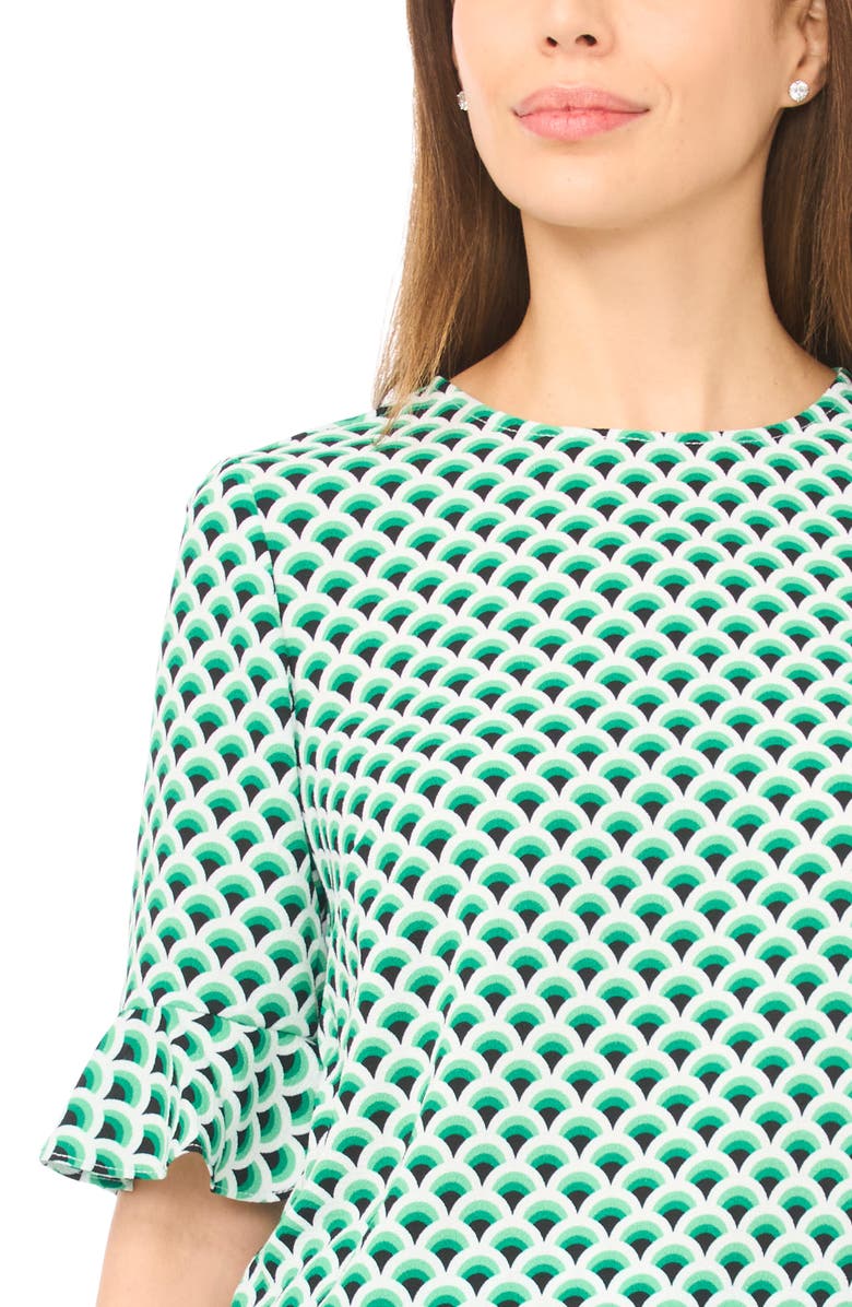 CeCe Fan Print Ruffle Cuff Top, Alternate, color, Holly Green