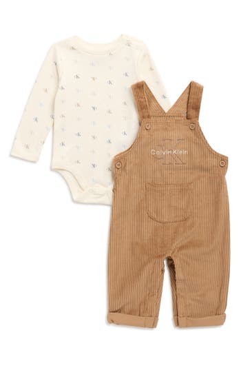 Calvin Klein Logo Long Sleeve Bodysuit & Corduroy Overalls Set In Brown