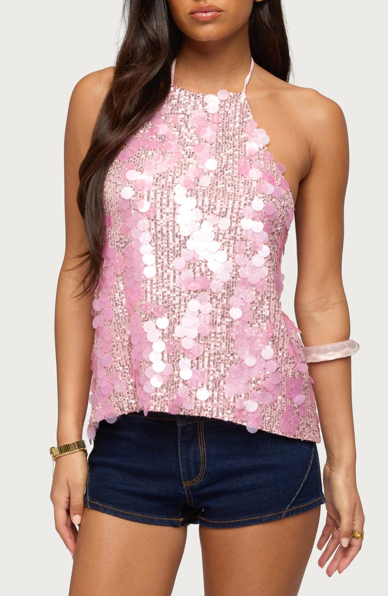 EDIKTED Ellorie Sequin Open Back Halter Top, Main, color, 