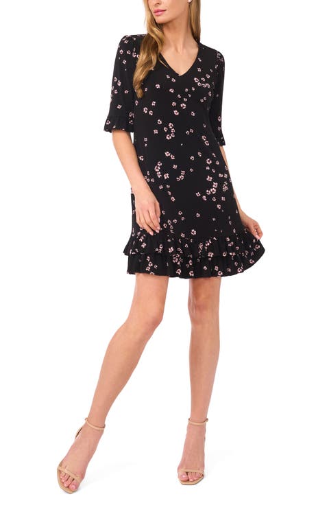 Floral Double Flounce Hem Knit Dress