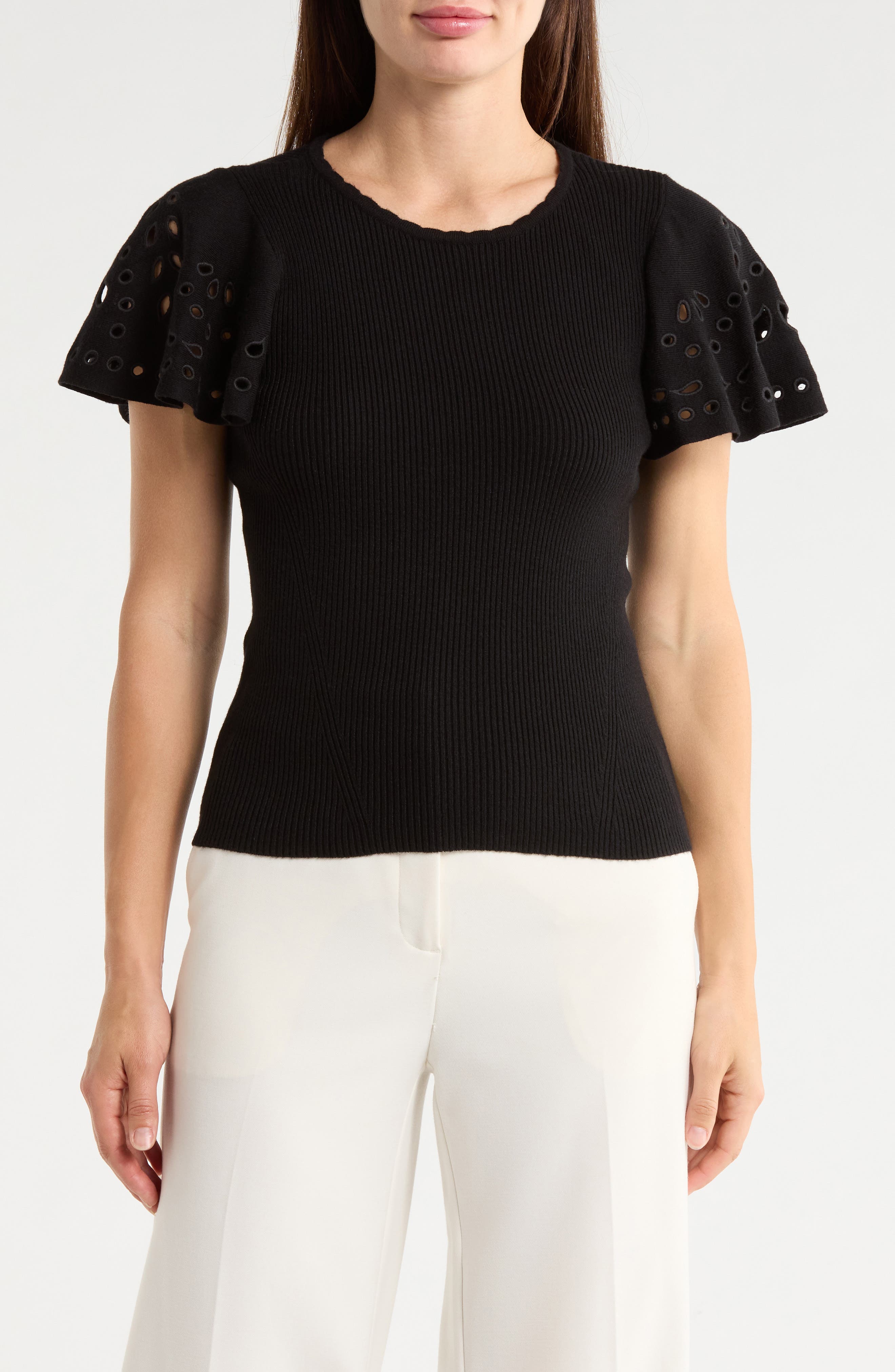 T Tahari Embroidered Eyelet Short Sleeve Sweater