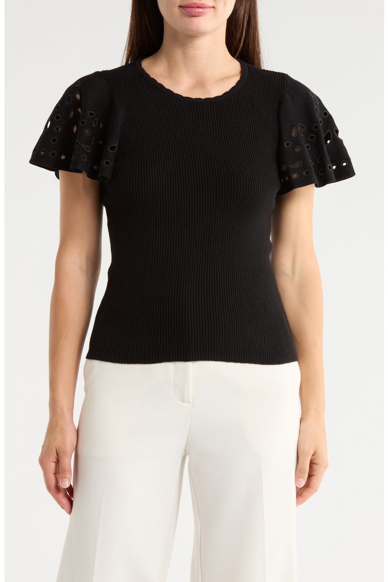 Embroidered Eyelet Short Sleeve Sweater, Main, color, BLACK