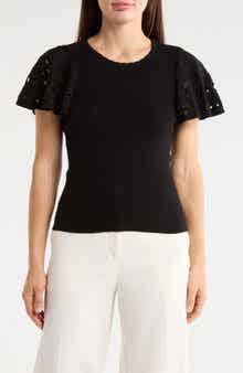 T Tahari Embroidered Eyelet Short Sleeve Sweater