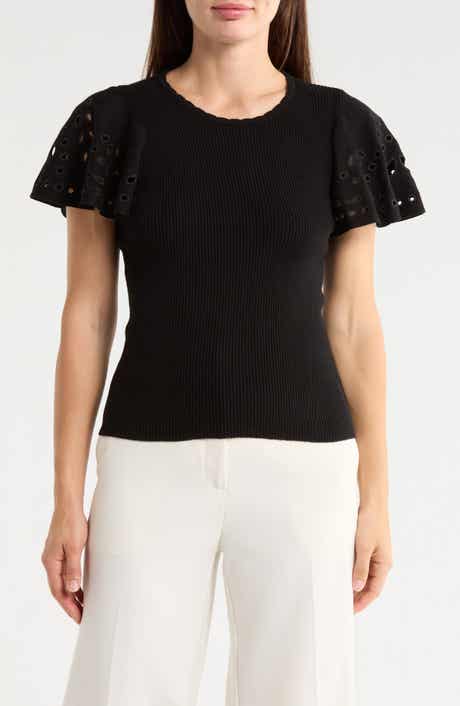 T Tahari Embroidered Eyelet Short Sleeve Sweater