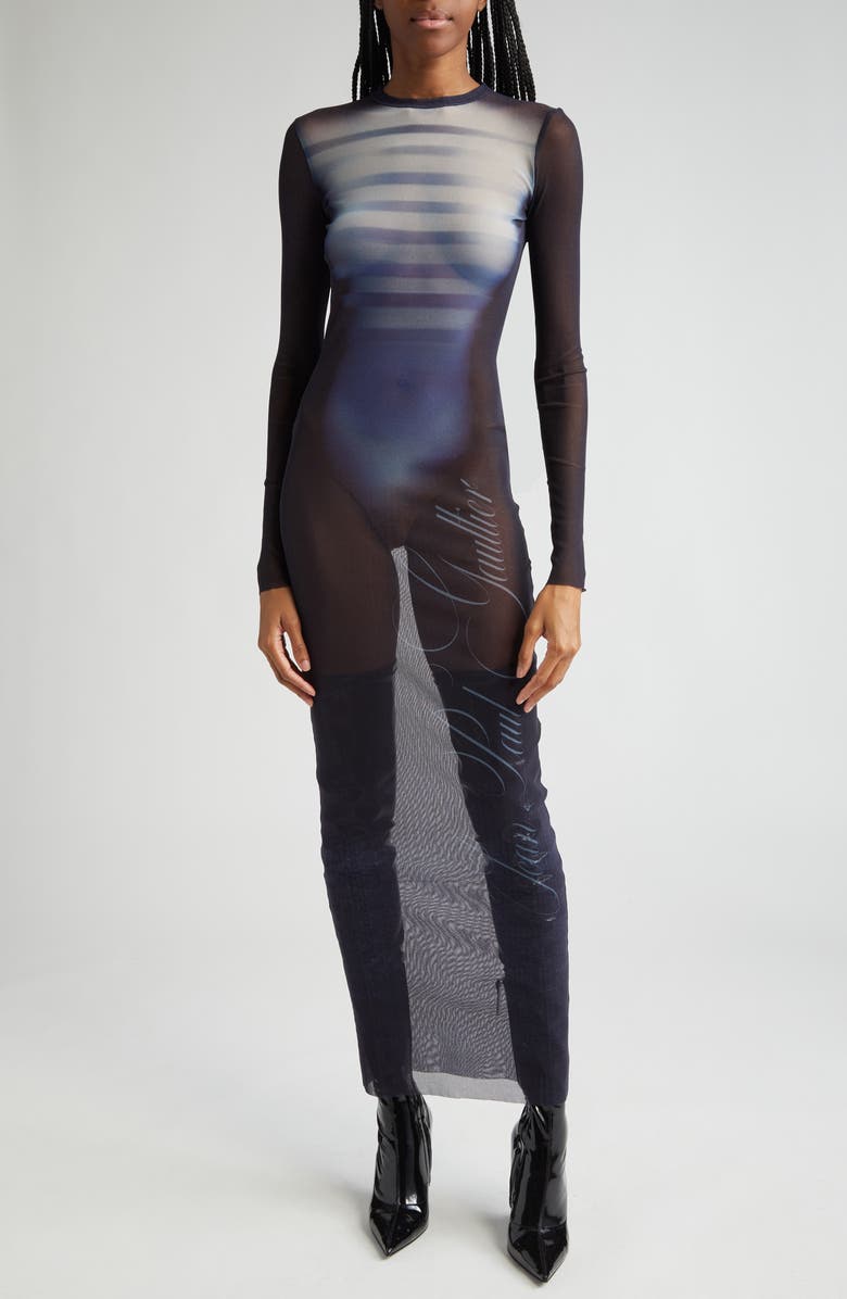 Jean Paul Gaultier Le Mâle Print Long Sleeve Tulle Body-Con Dress, Main, color, 