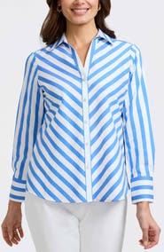 Foxcroft Mary Stripe Long Sleeve Cotton Sateen Button-Up Shirt