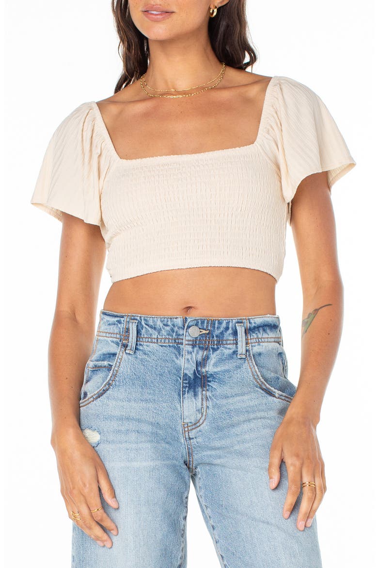 Sandy Beach Smocked Twist Reversible Crop Top, Main, color, SNOW WHITE