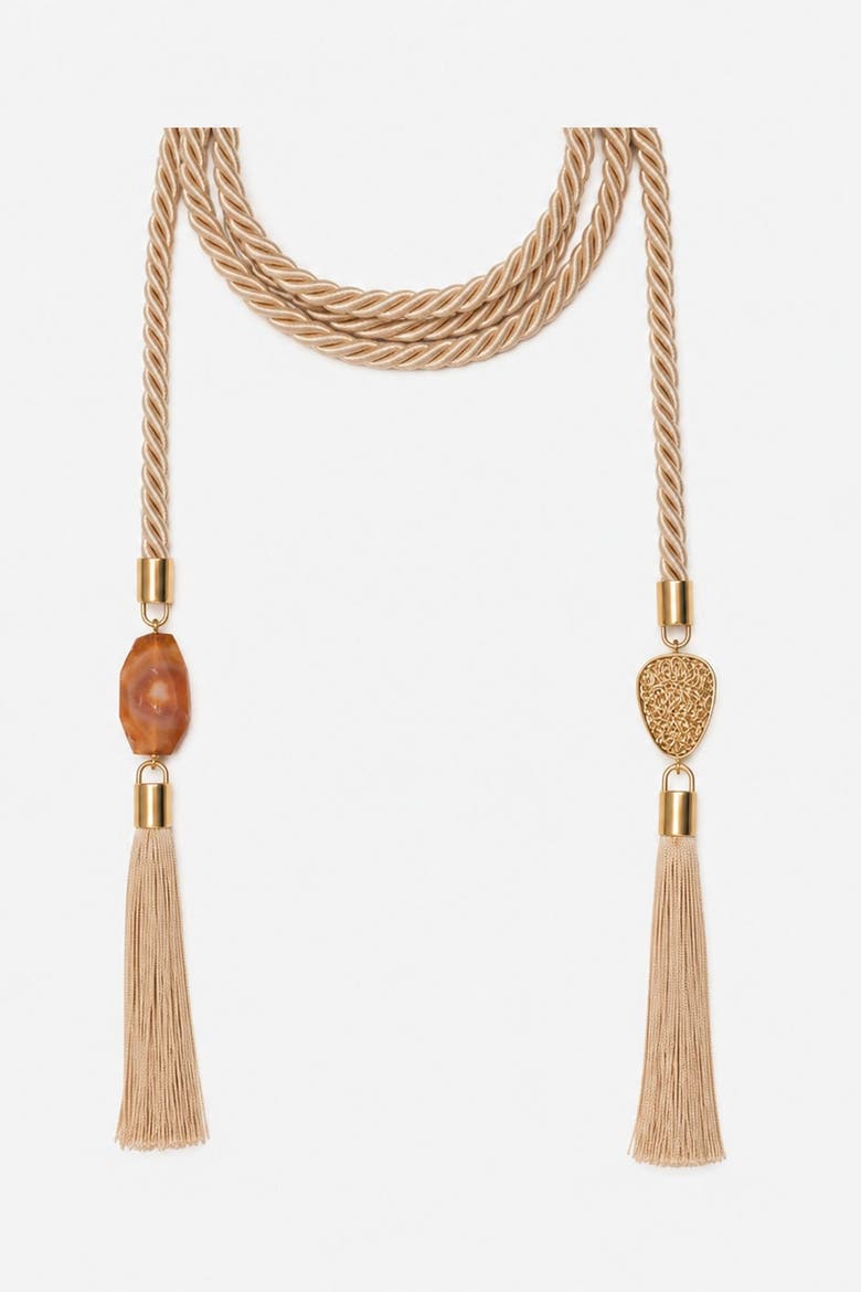 Silk Tassel Belt with jade, Alternate, color, Beige