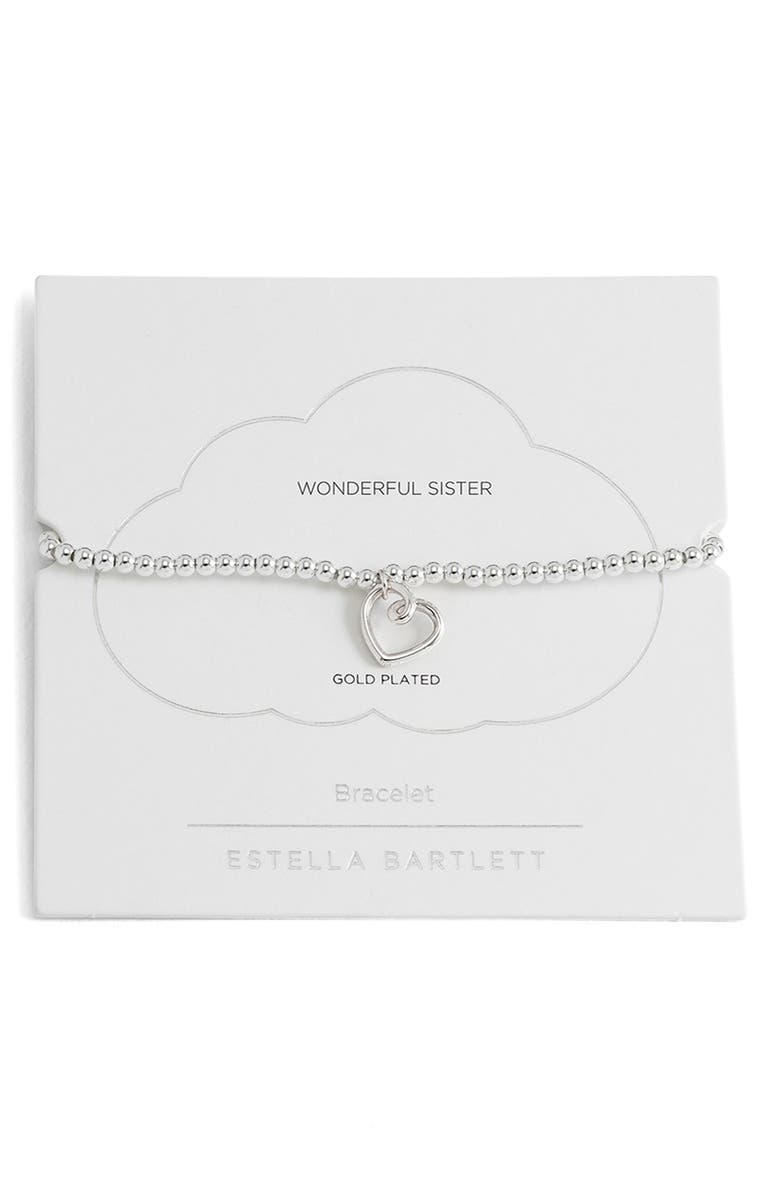 Estella Bartlett Heart Beaded Stretch Bracelet, Main, color, Silver