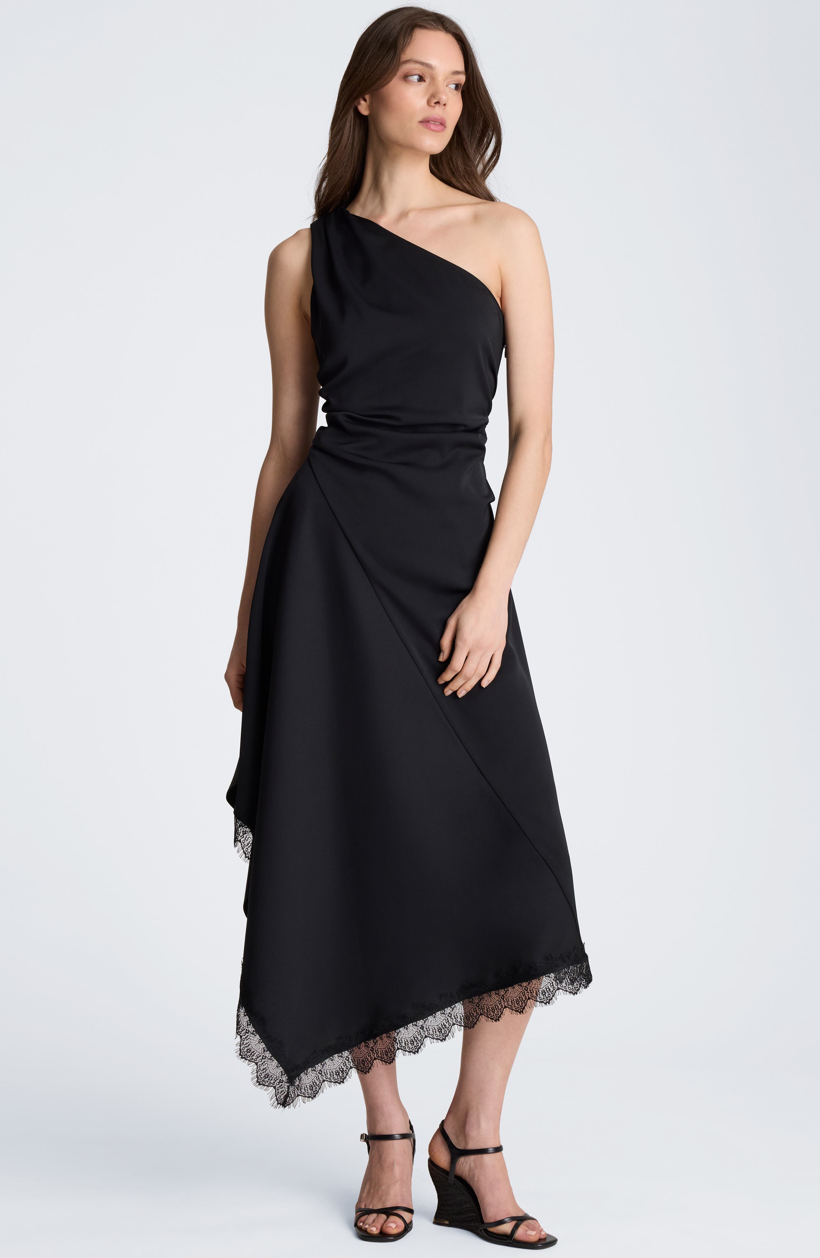 Kenneth Cole Collection One-Shoulder Lace Hem Asymmetric Dress (Women ...