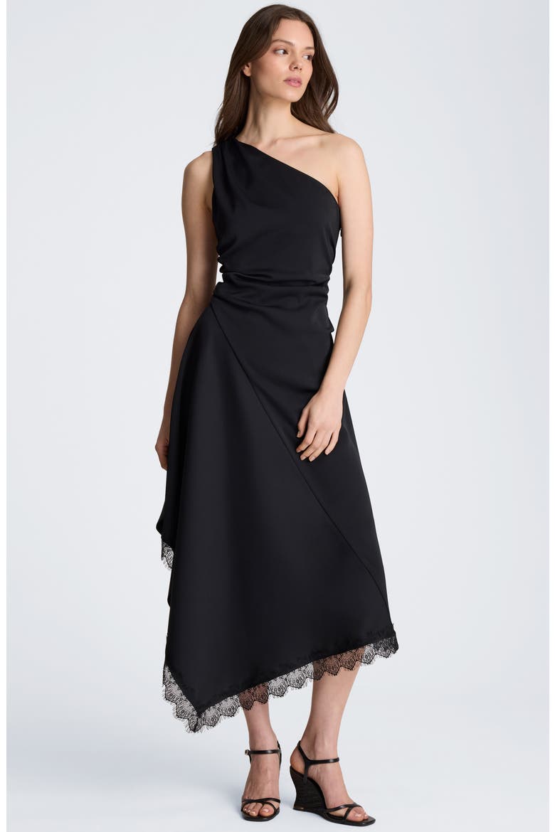 One-Shoulder Lace Hem Asymmetric Dress, Alternate, color, BLACK