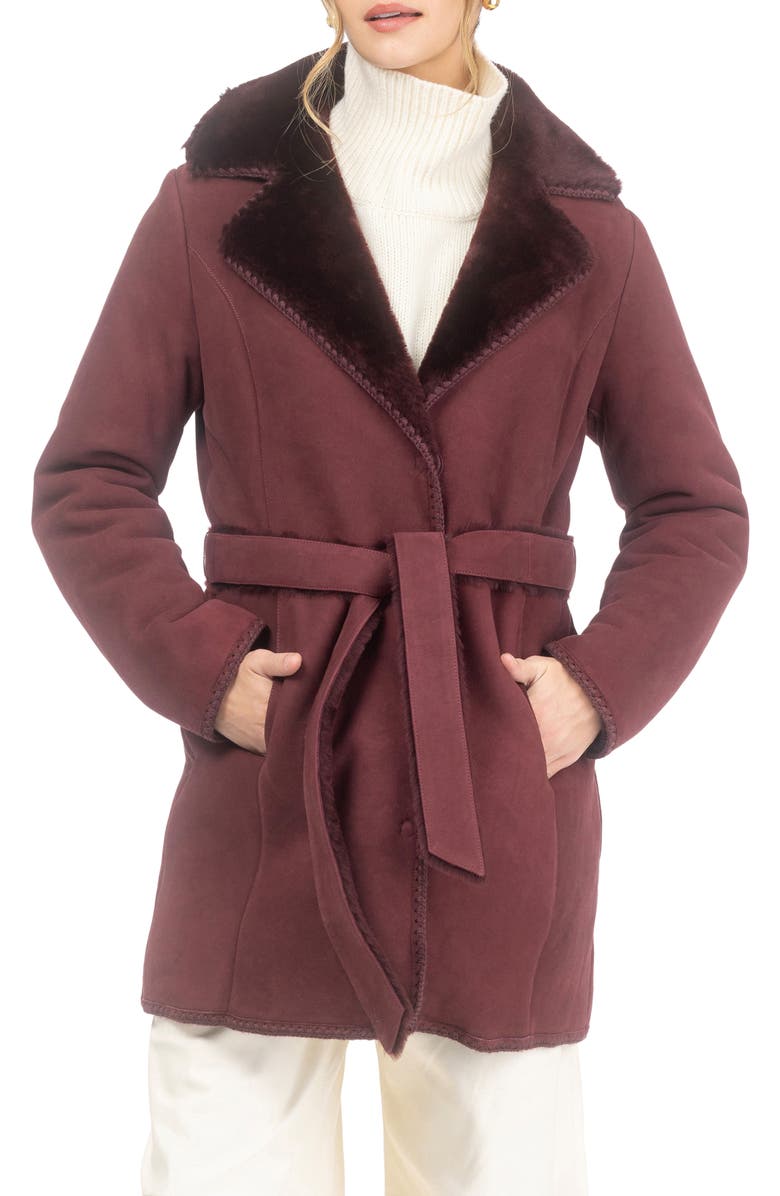 GORSKI Genuine Shearling Stroller with Embroidered Trim & Belt, Main, color, Burgundy