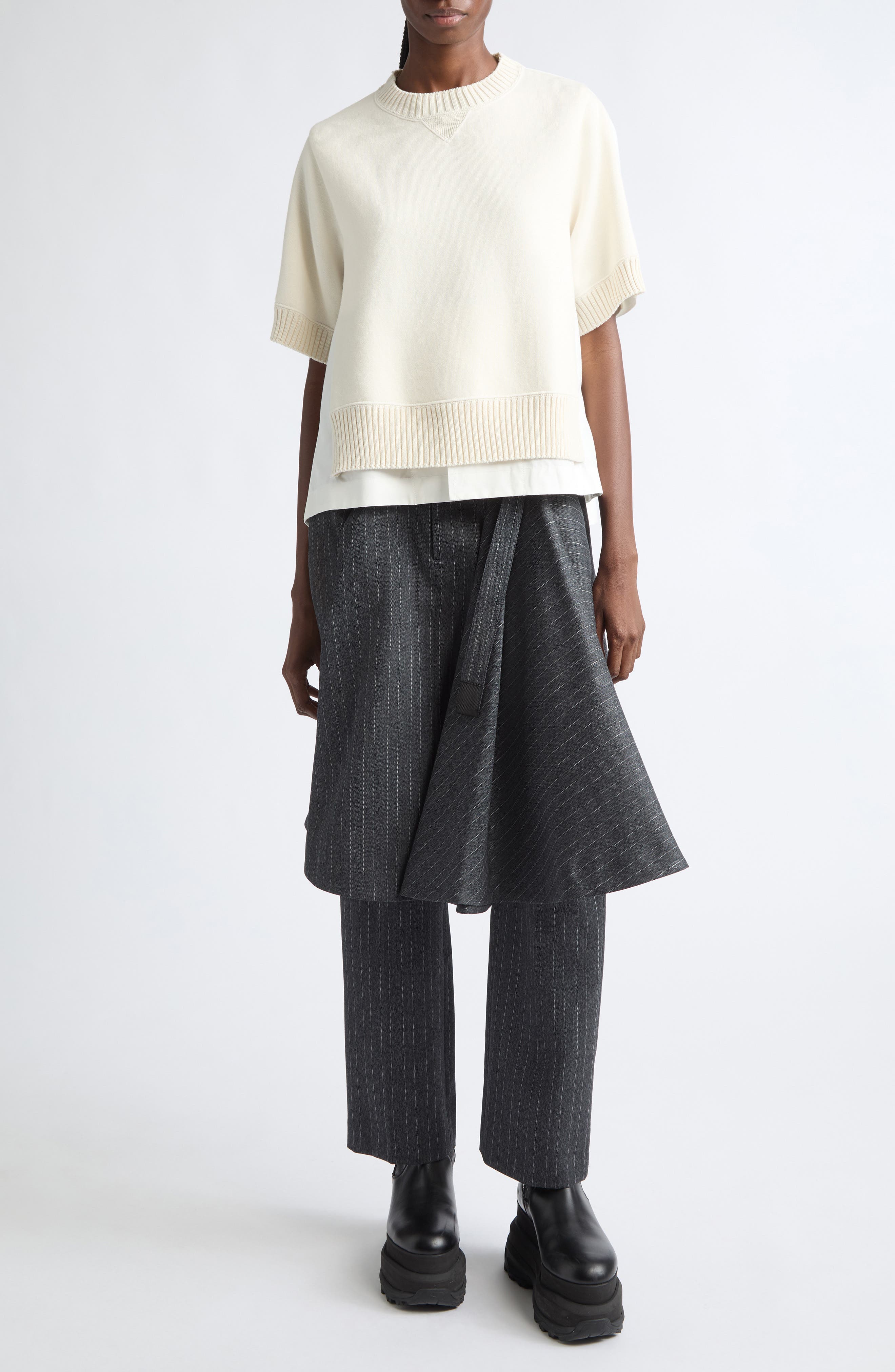 Sacai Mixed Media Short Sleeve Sweater (Women) | Nordstrom