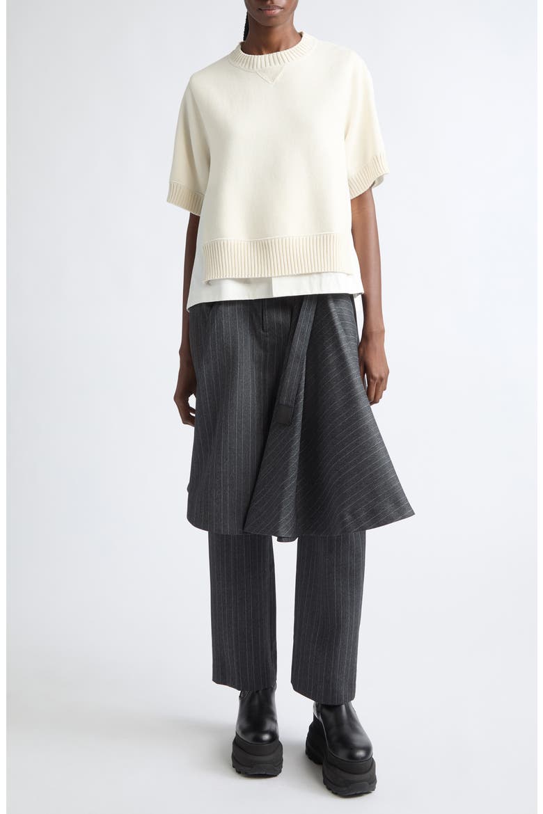Mixed Media Short Sleeve Sweater, Alternate, color, OFF WHITE