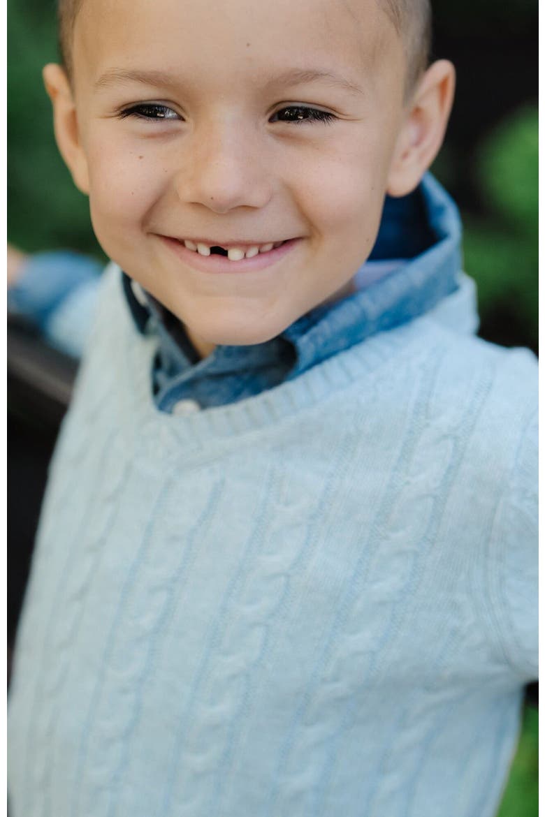Kids' Organic Long Sleeve Fine Gauge Cable V-Neck Sweater, Alternate, color, Dusty Blue Heather Cable