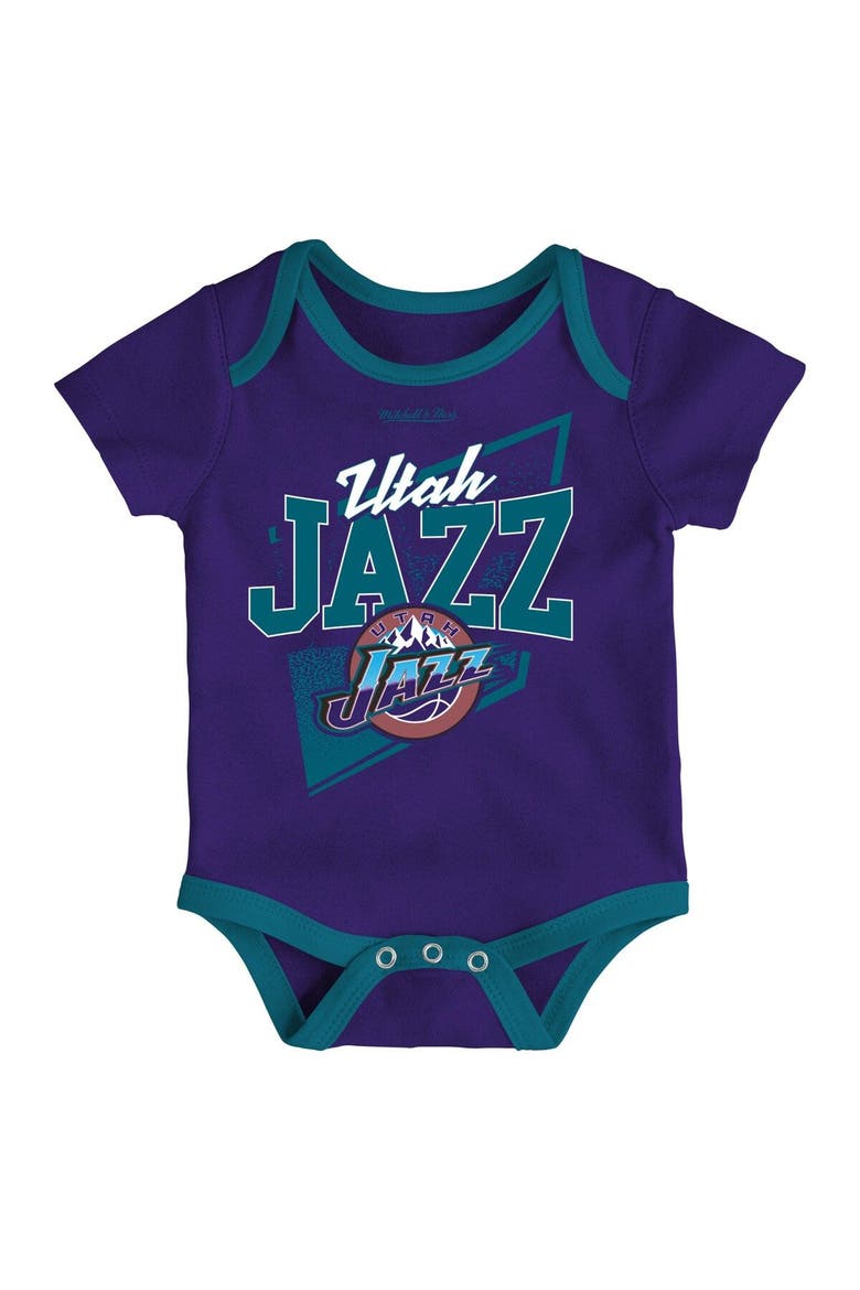 Infant Mitchell & Ness Purple/Teal Utah Jazz Hardwood Classics Bodysuits & Cuffed Knit Hat Set, Alternate, color, Purple