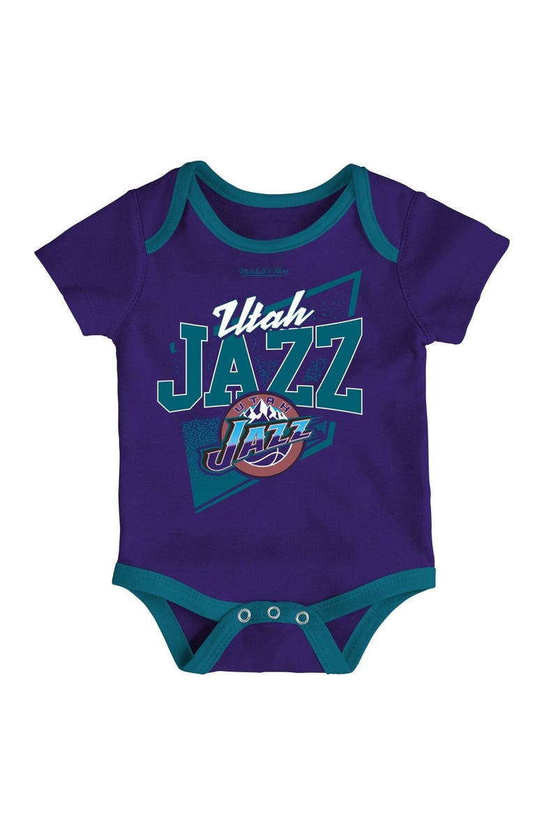 Mitchell & Ness Infant Mitchell & Ness Purple/Teal Utah Jazz Hardwood Classics Bodysuits & Cuffed Knit Hat Set, Alternate, color, Purple