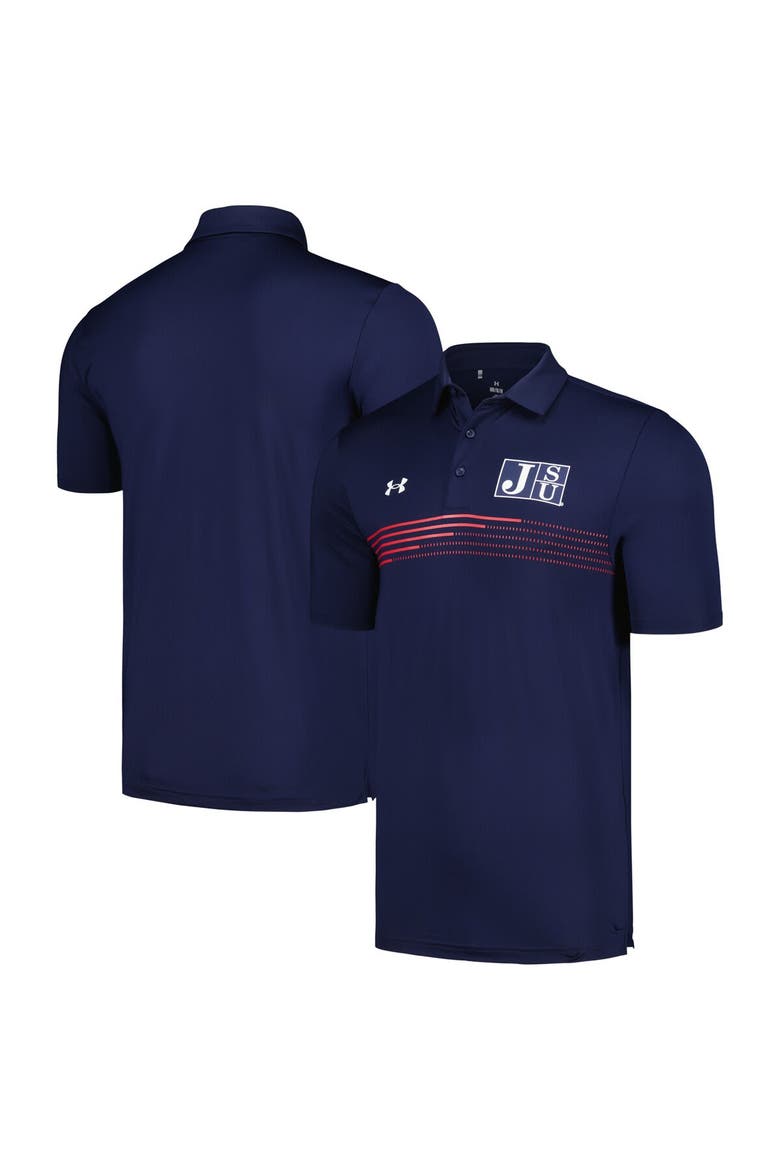 Men's Under Armour Navy Jackson State Tigers Tee To Green Stripe Polo, Main, color, Navy