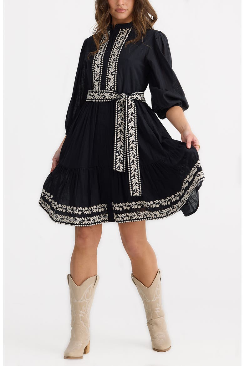 Cala Embroidered Tie Waist Cotton Dress, Alternate, color, BLACK W OFF WHITE