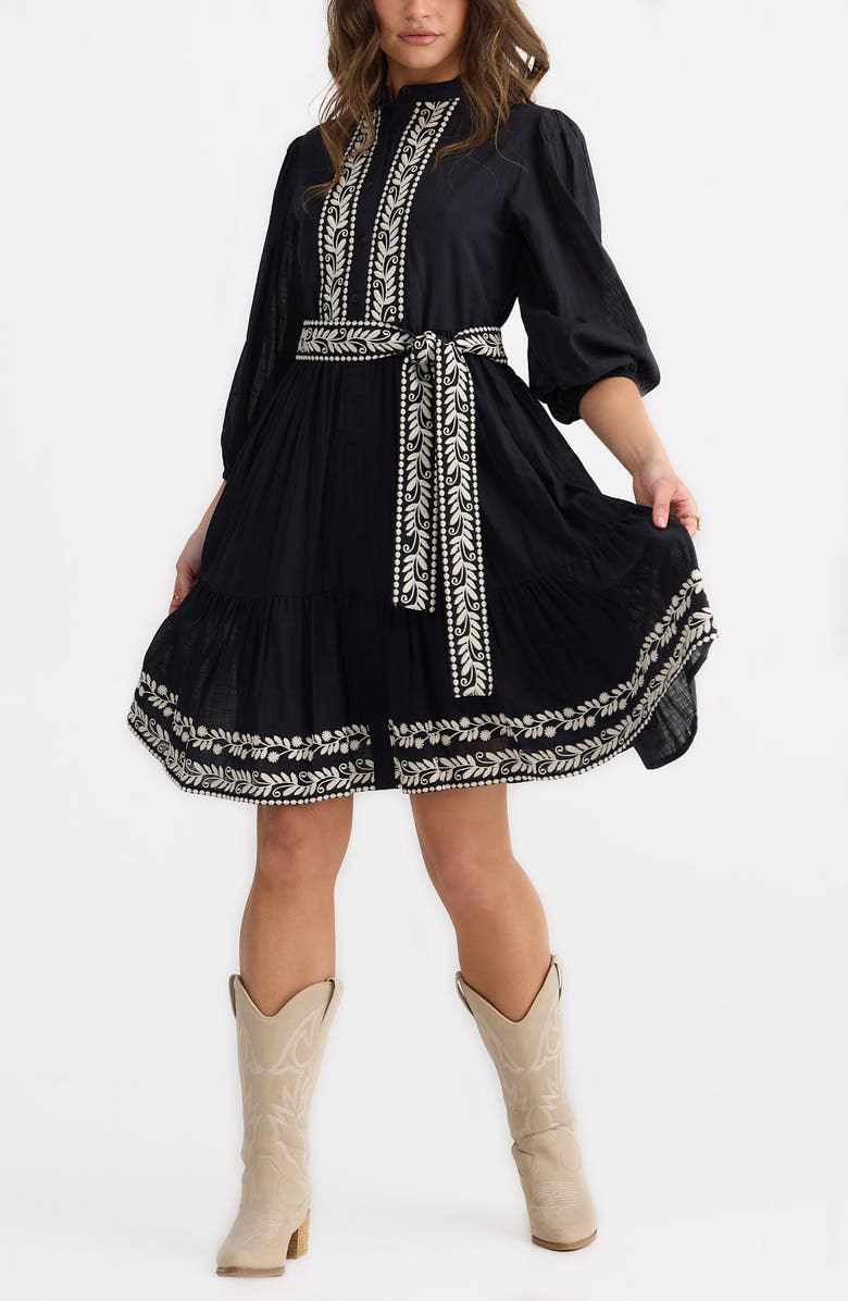 Talisman the Label Cala Embroidered Tie Waist Cotton Dress, Alternate, color, Black W Off White