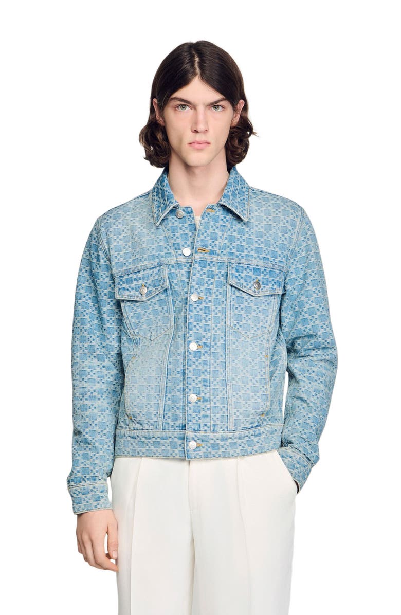 SANDRO Square Cross denim jacket, Main, color, Sky Blue