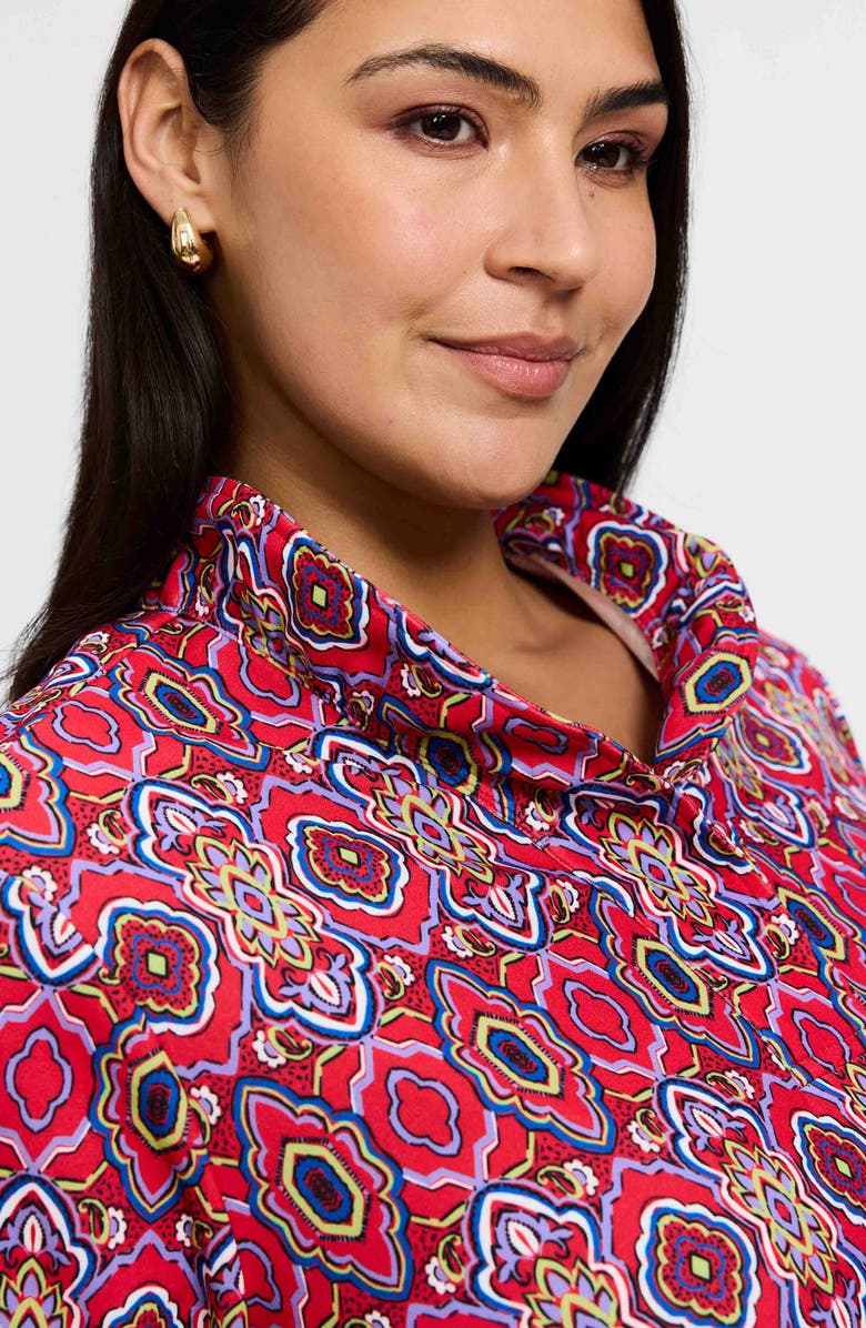 Foxcroft Tammy Tile Print Ruffle Collar Jersey Top, Alternate, color, Red/ Multi