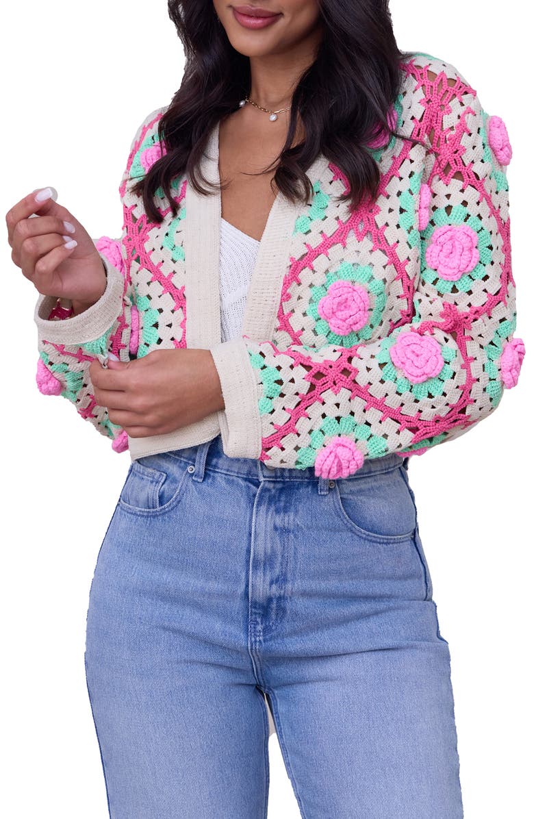 SAACHI Granny Square Open Front Cardigan, Main, color, Ivory