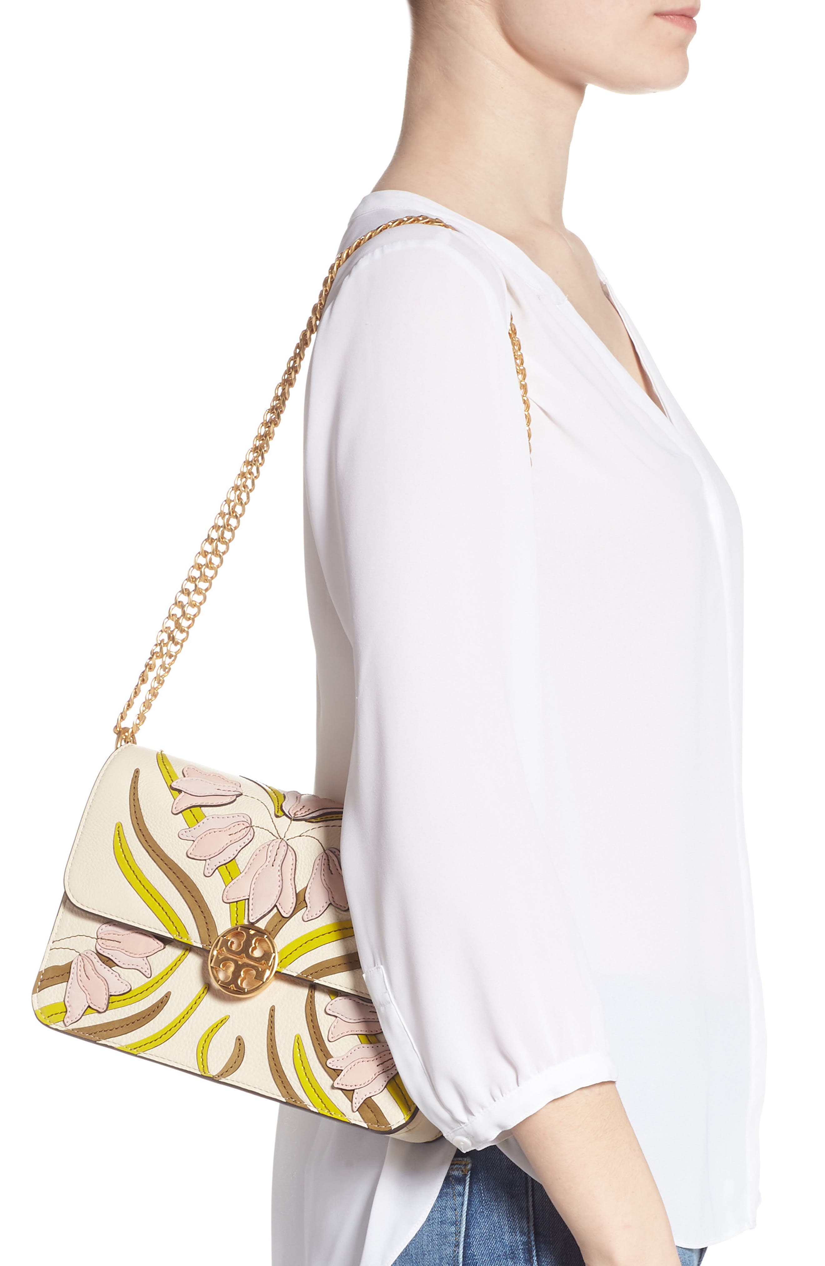 Tory Burch Chelsea Floral Appliqué Leather Shoulder Bag, Alternate, color, 