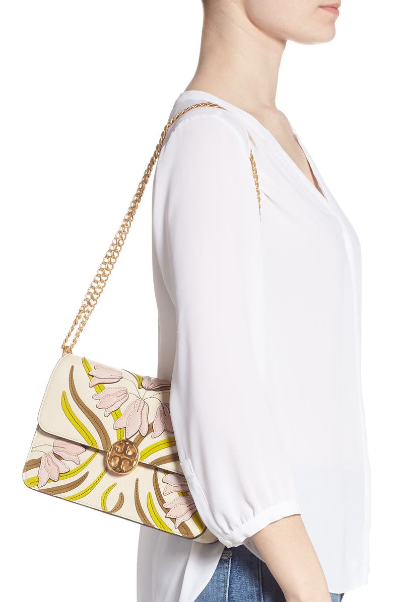 Tory Burch Chelsea Floral Appliqué Leather Shoulder Bag, Alternate, color,
