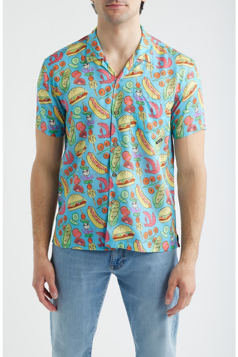 Barbecue Print Camp Shirt, Main, color, BLUE