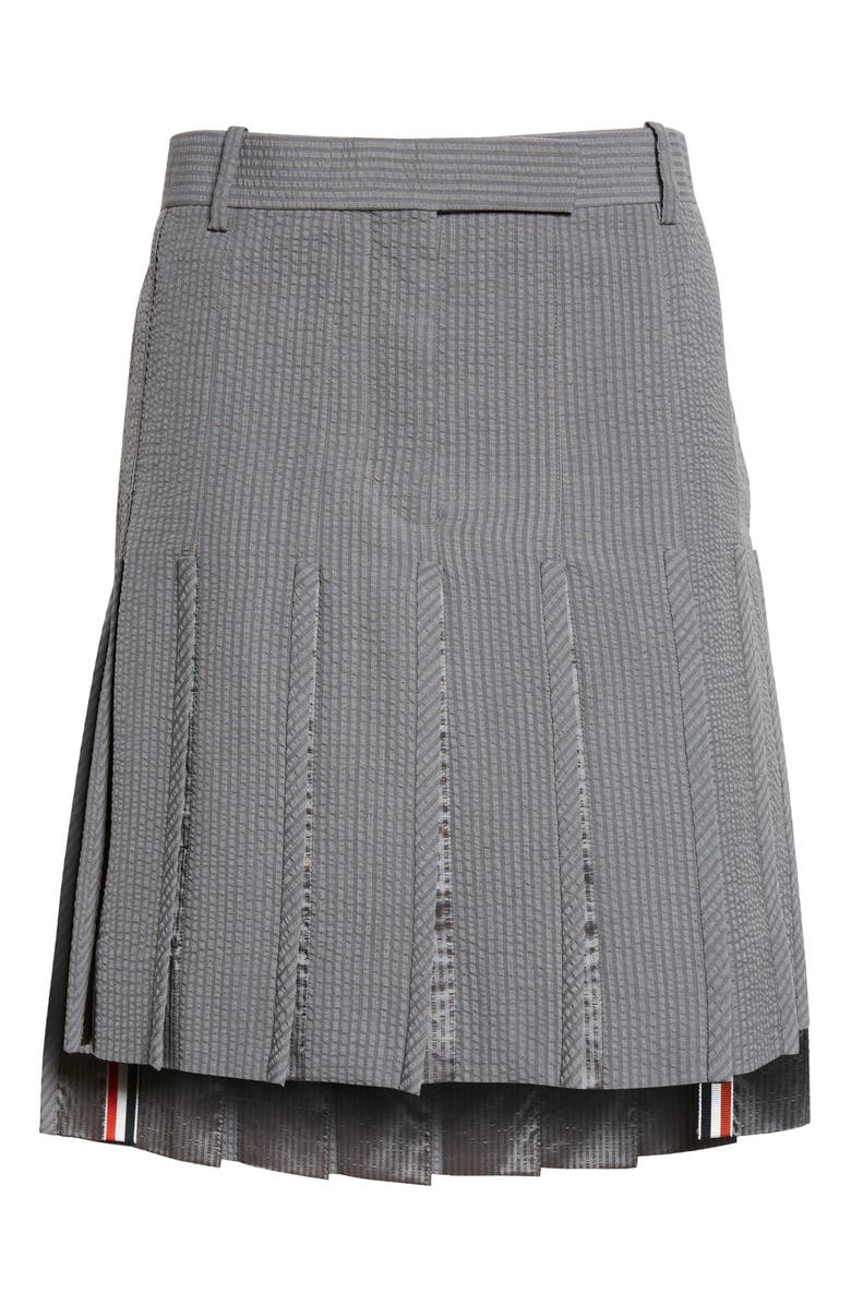 Thom Browne Pleated Low Rise Wool Seersucker Skirt, Main, color, Light Grey