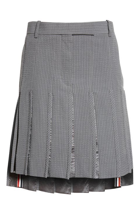 Pleated Low Rise Wool Seersucker Skirt