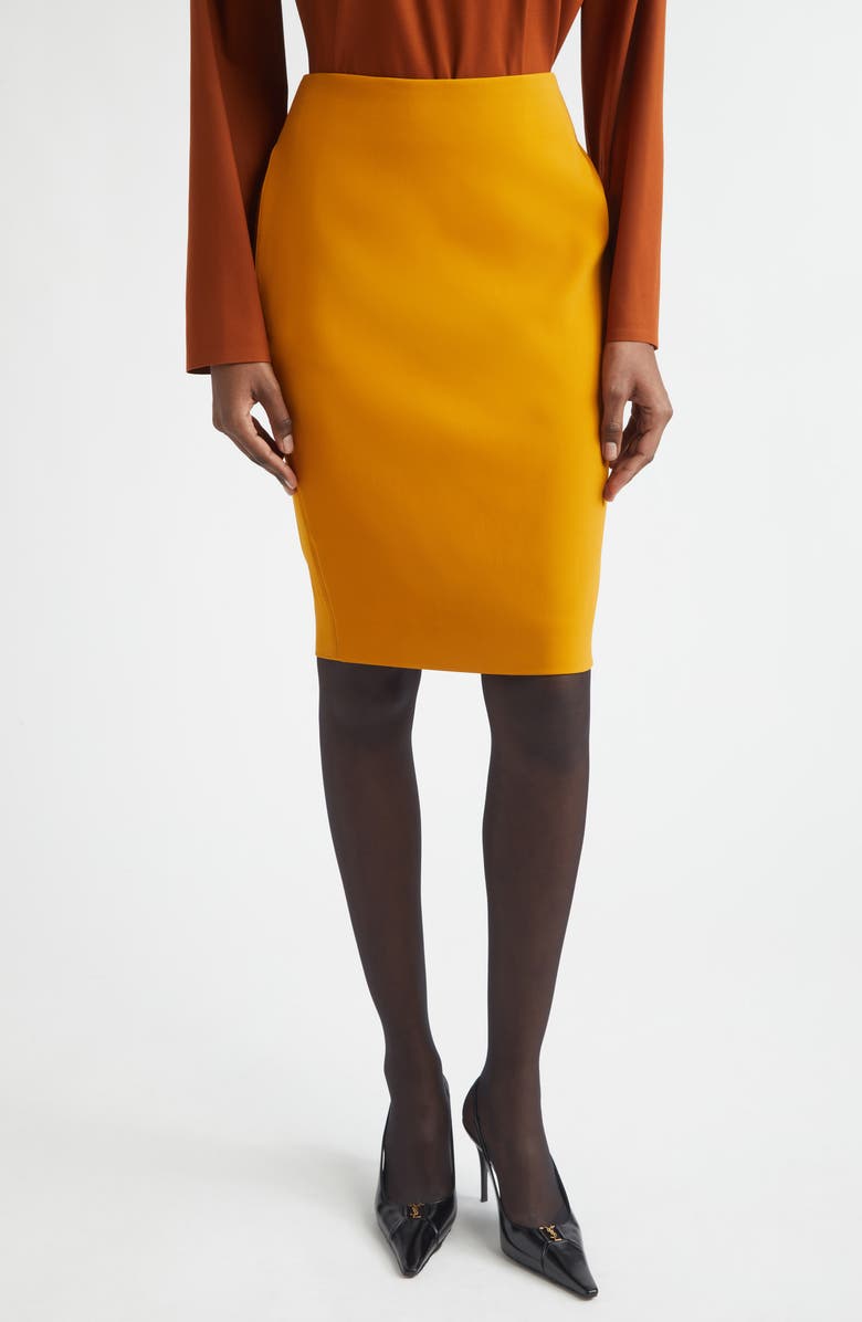 Saint Laurent Stretch Satin Midi Skirt, Main, color, Ocre