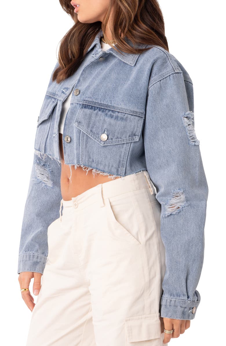 EDIKTED Addison Crop Denim Jacket, Alternate, color, 