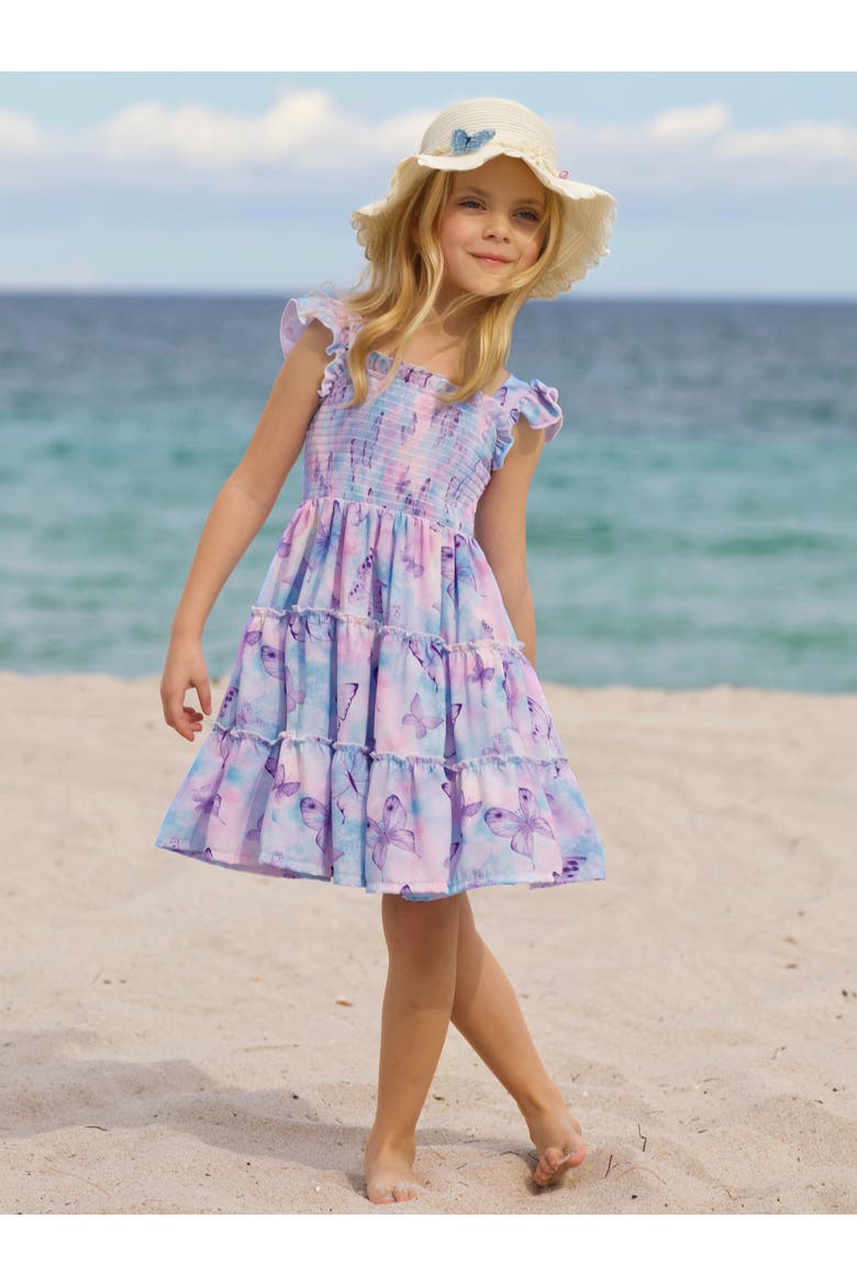 Girls Spring Butterflies Smocked Tiered Dress, Alternate, color, Purple
