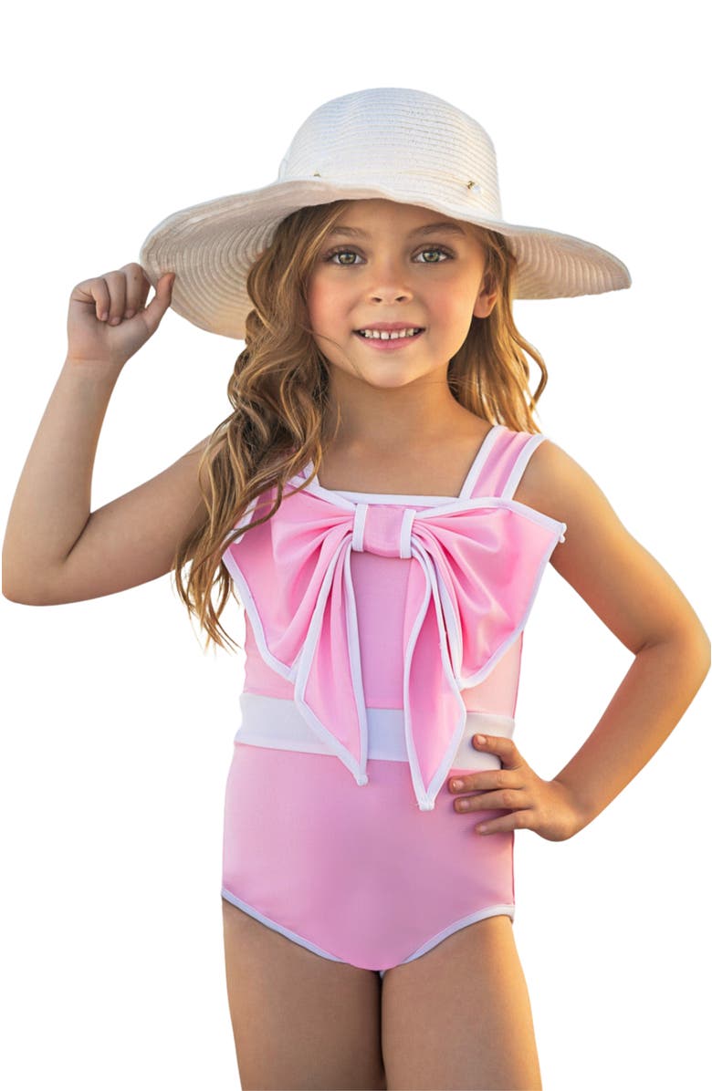 Mia Belle Girls Blushing Summer Statement Bow Pink One Piece Swimsuit, Main, color, Pink