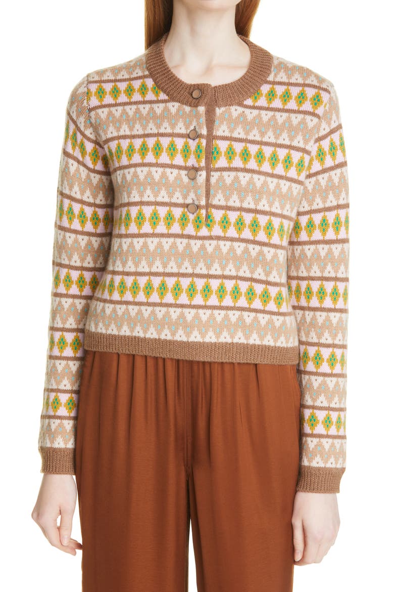 Fair Isle Merino Wool Henley Sweater, Main, color, TAN MULTI