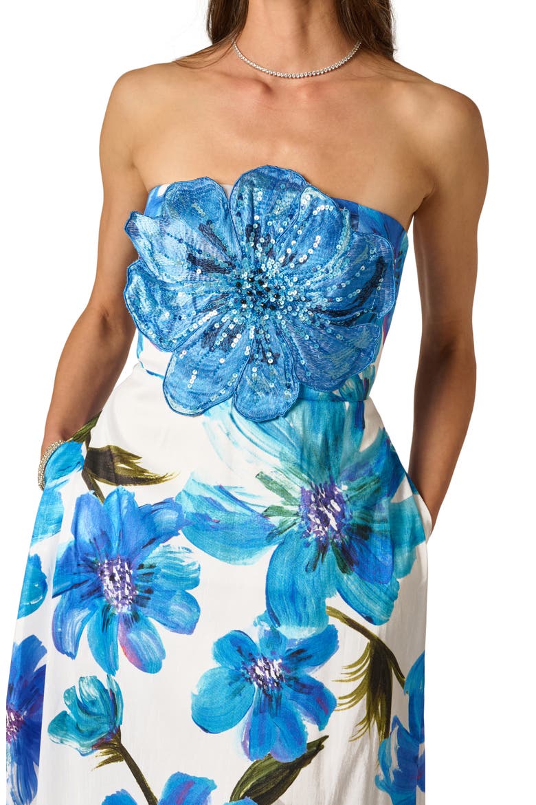 Floral Print Strapless Gown, Alternate, color, IVORY/ BLUE MULTI