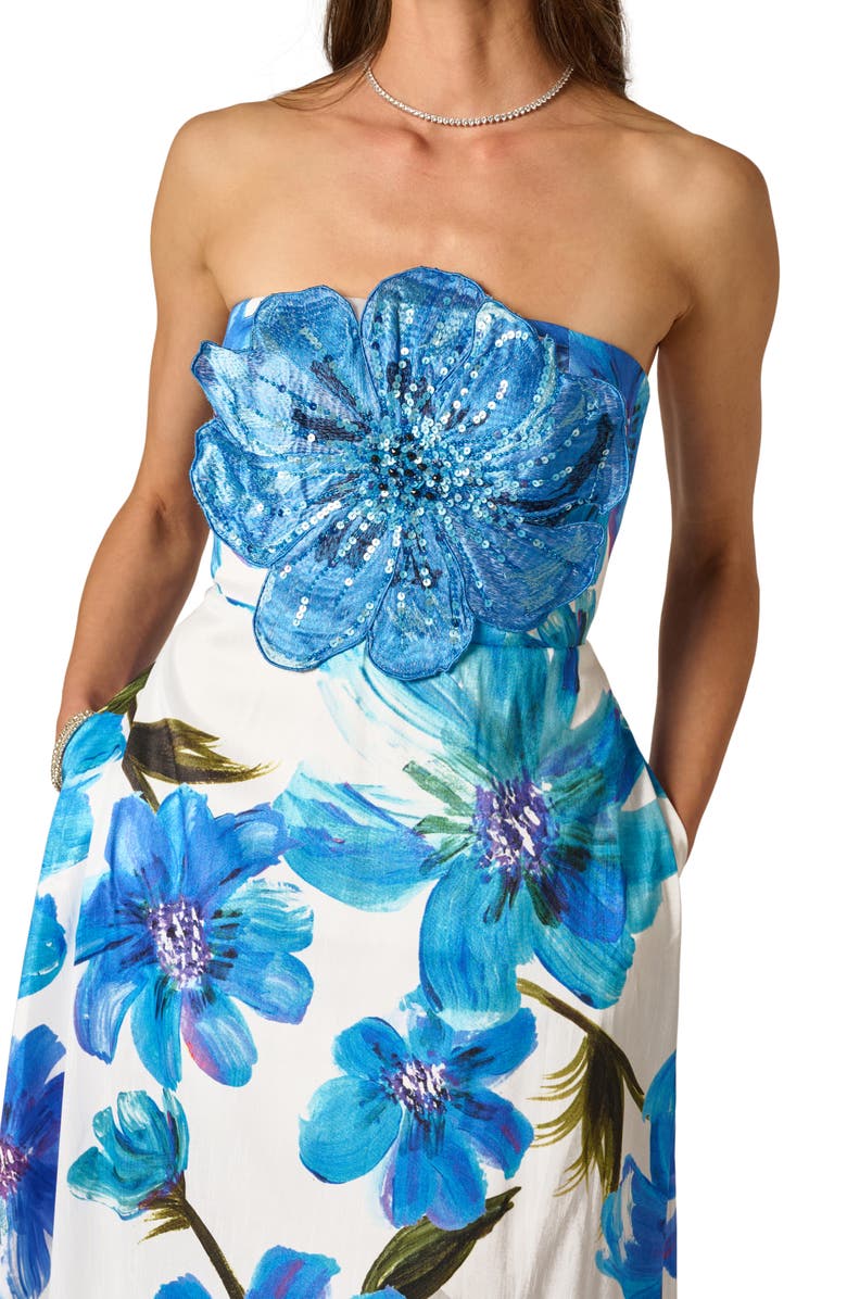 Adrianna Papell Floral Print Strapless Gown, Alternate, color, Ivory/ Blue Multi