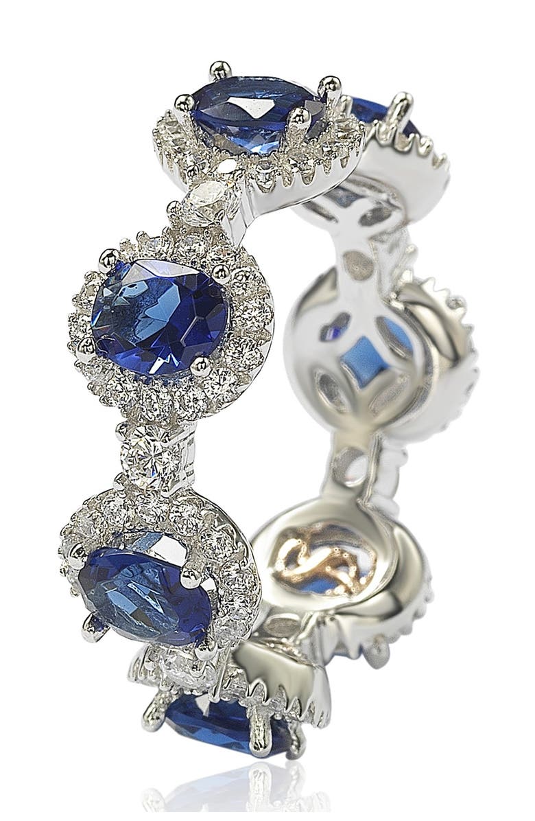 SUZY LEVIAN Sterling Silver Prong Set Blue CZ & Pave Halo Station Eternity Band Ring, Alternate, color, 