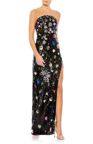 Mac Duggal Floral Sequined Strapless Column Gown