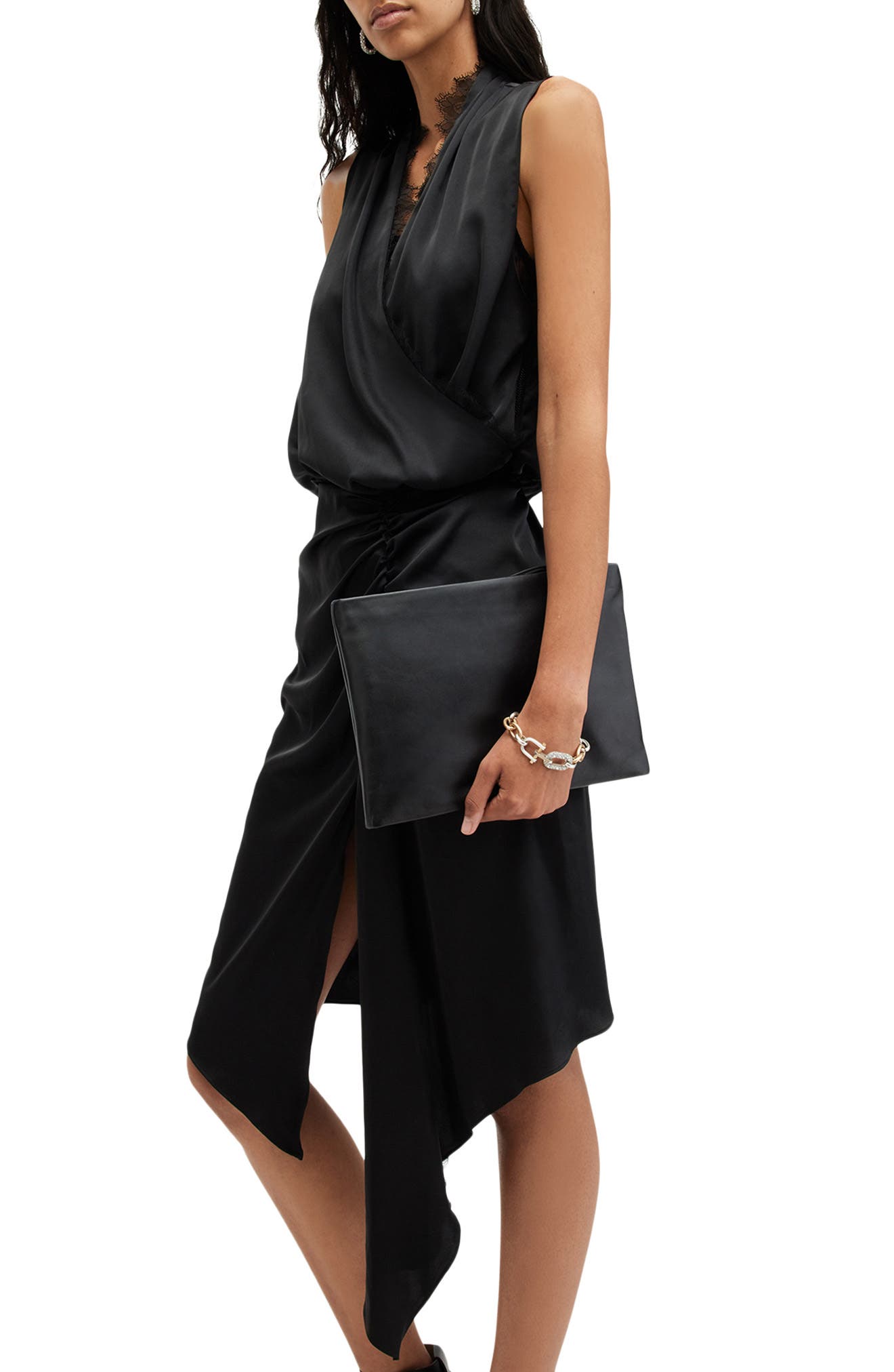 abi lace trim draped midi dress Embroidered Lace Trim Midi Dress