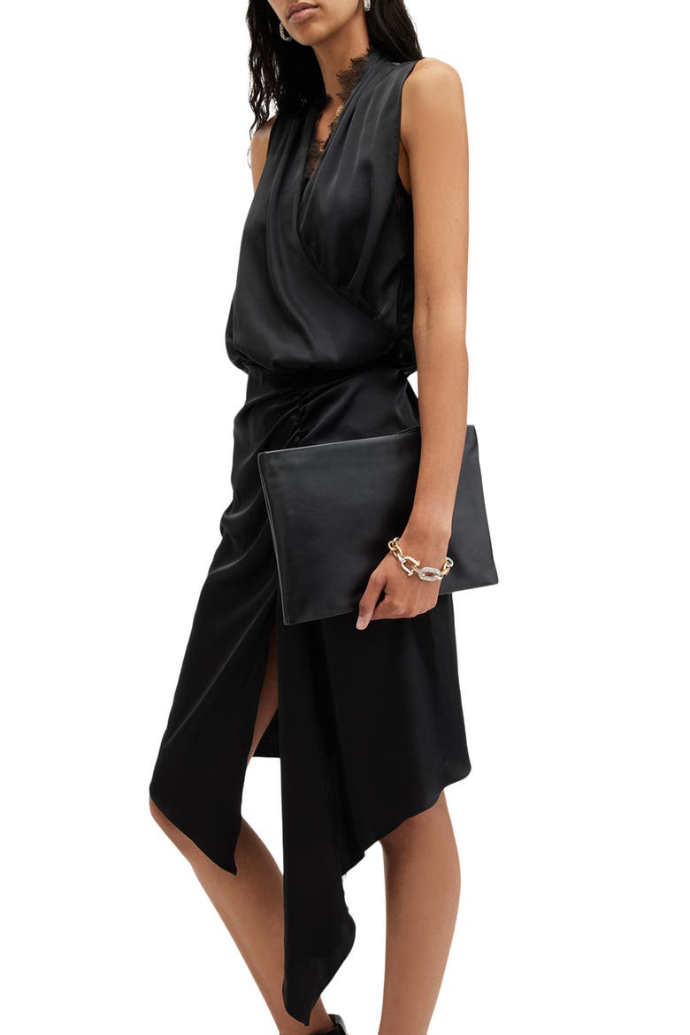 Abi Lace Trim Gathered Asymmetric Dress, Alternate, color, BLACK