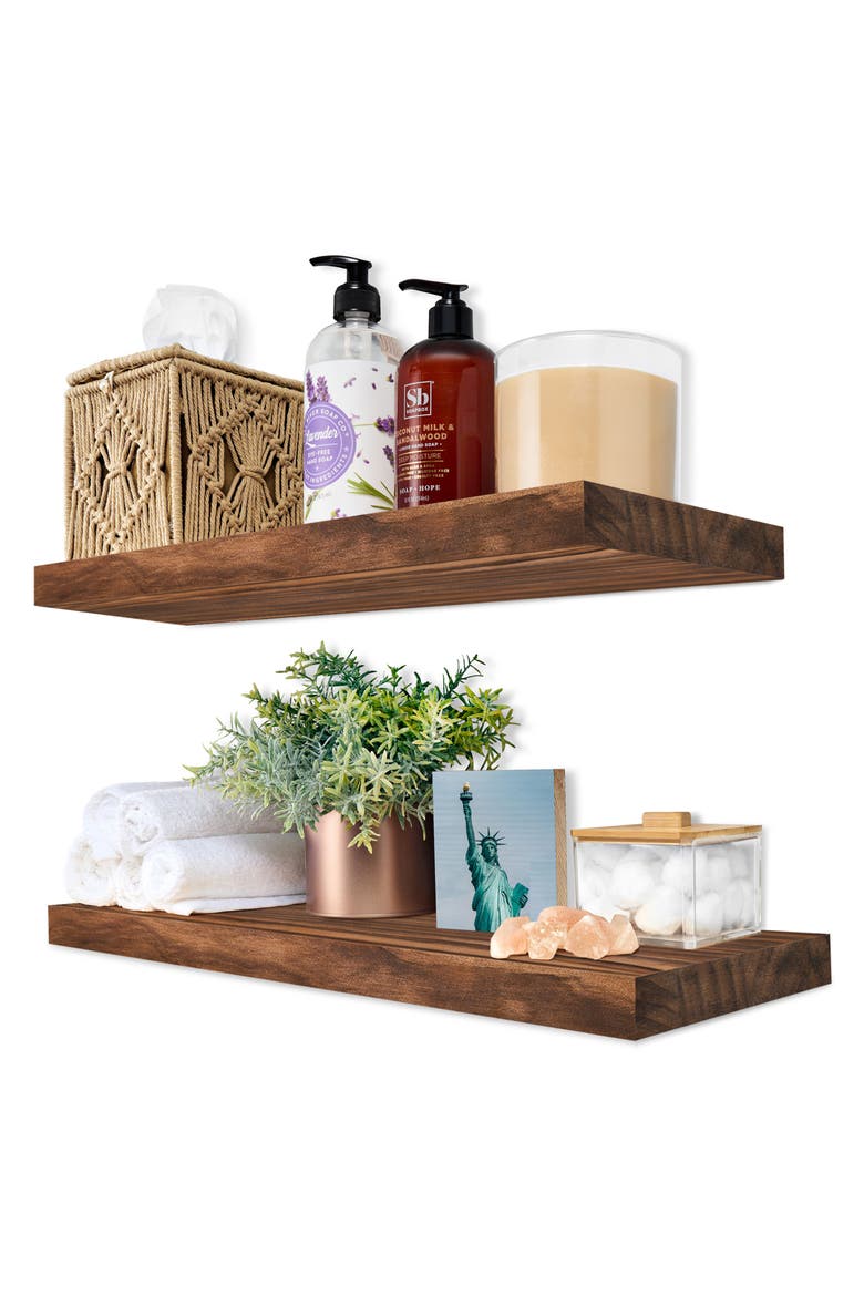 Set of 2 Solid Wood Floating Shelves, Alternate, color, BROWN